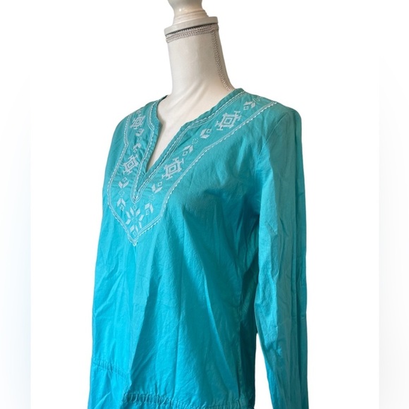 GAP 100% Cotton Embroidered Turquoise V-Neck Long Sleeve Women’s Med. Tunic Top - Picture 3 of 11